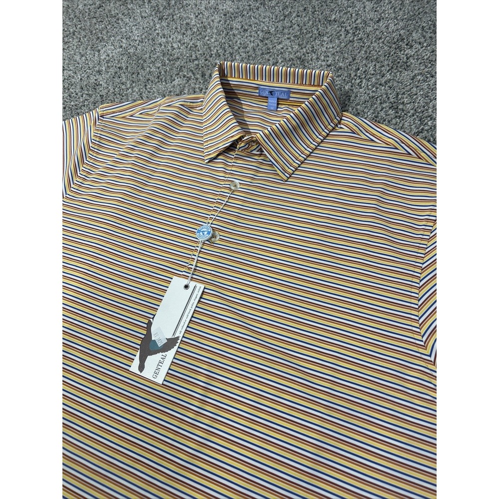 NWT GenTeal Driftwood Stripe Polo Men's Medium Rodeo Yellow Red White Blue